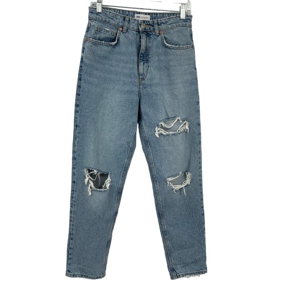 Zara Ripped Mom Jeans Women's 6 Light Wash High Rise 100% Cotton